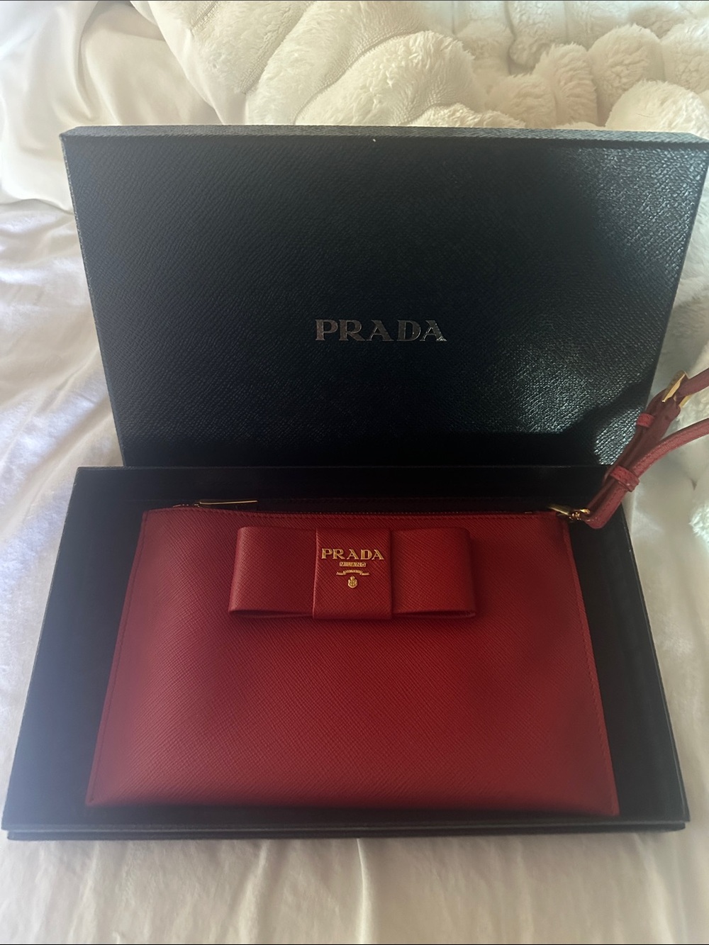 Prada Red Saffiano Bow Wristlet Pouch with Gold Logo